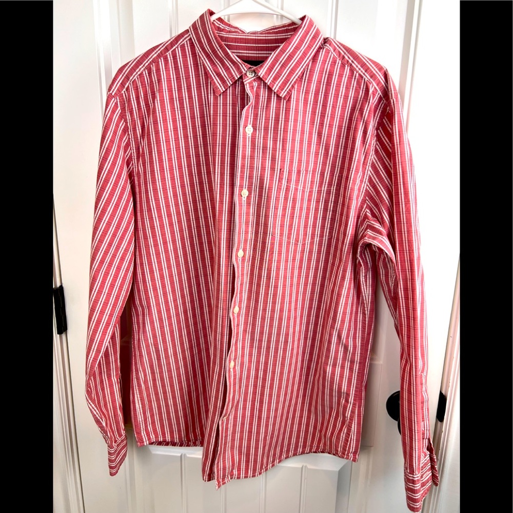 Men's Gap Slim Fit Button Front Long Sleeve Red Stripe Plaid Dress Shirt…
